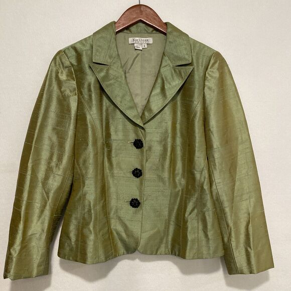 Kay Unger Women's 100% Shantung‎ Silk Green Shimmer Jeweled Button Blazer Sz 8 - Picture 2 of 9